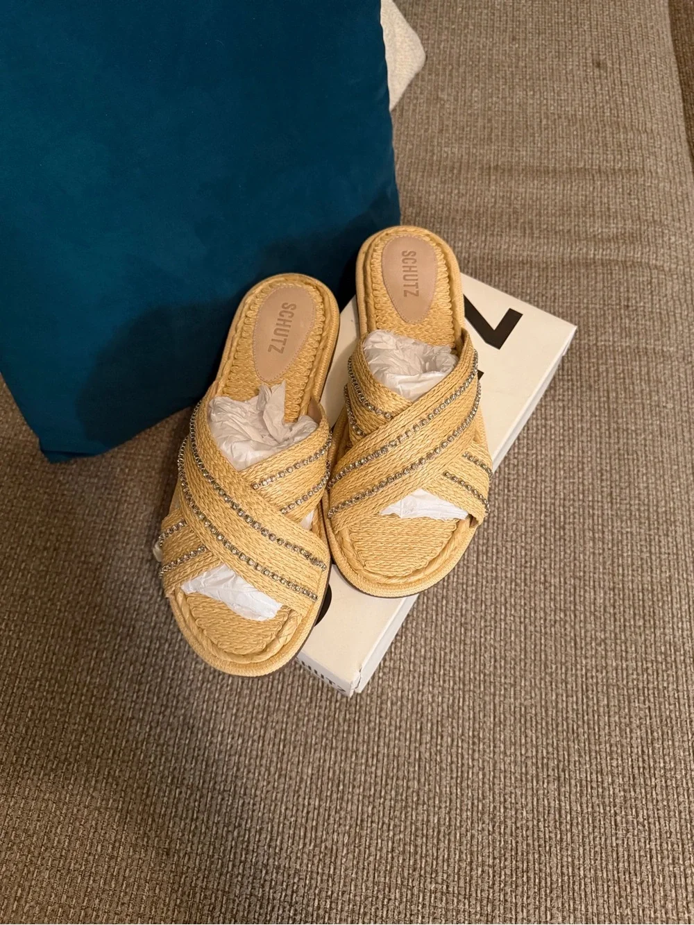 New! SCHUTZ Yellow Raffia Crisscross Slide Sandals with Rhinestone Trim